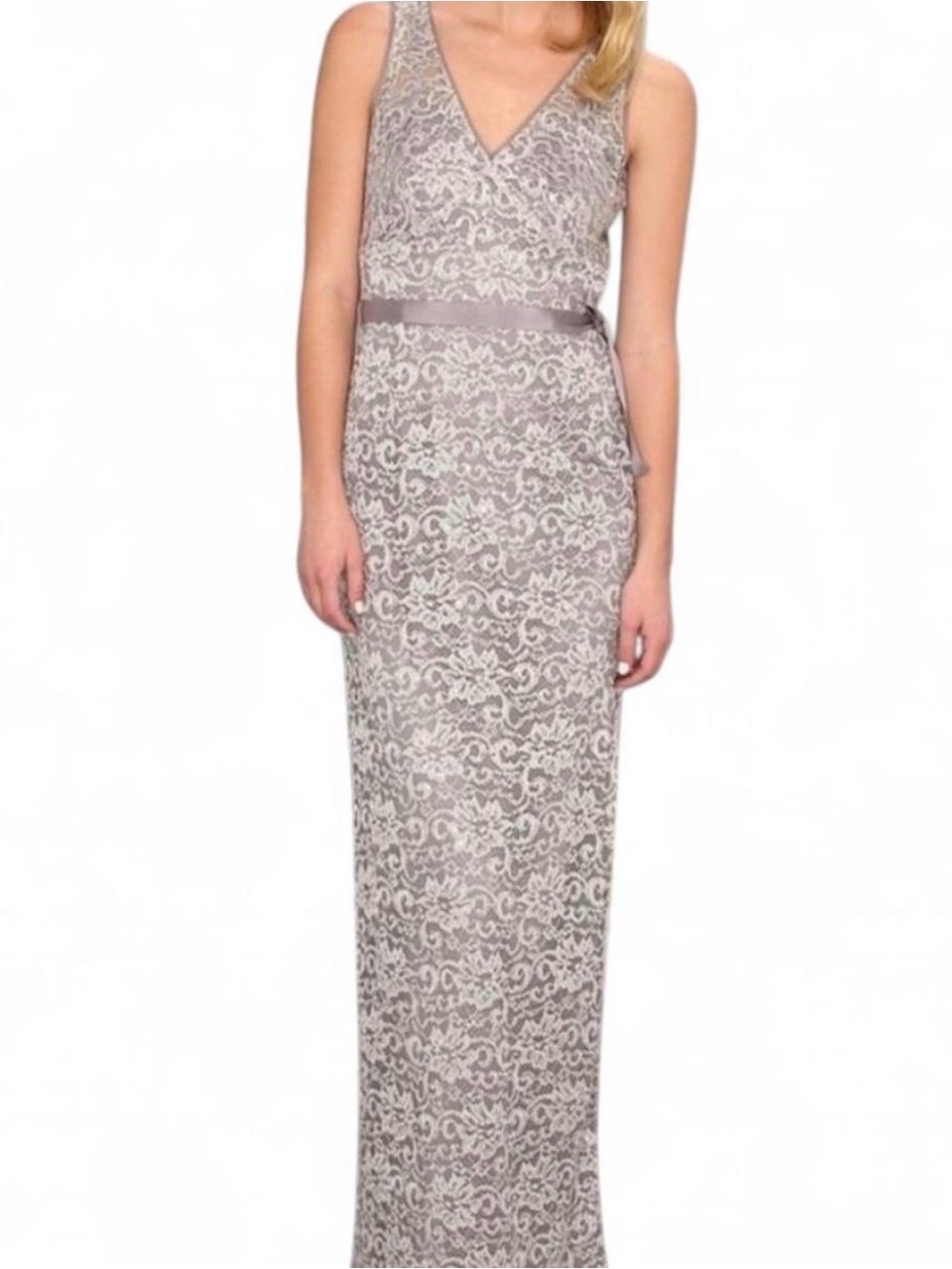 BCBGMAXAZRIA Nadir Silver Lace Gown Sz 2 Formal Evening Maxi Dress Missing Belt